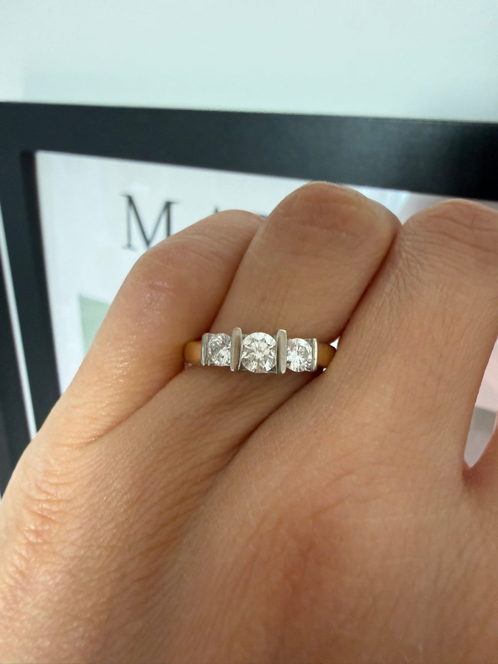 0.50ct Diamond Three Stone Bar Set Ring – 18K Yellow & White Gold – G-H VS/SI – Size K 1/2