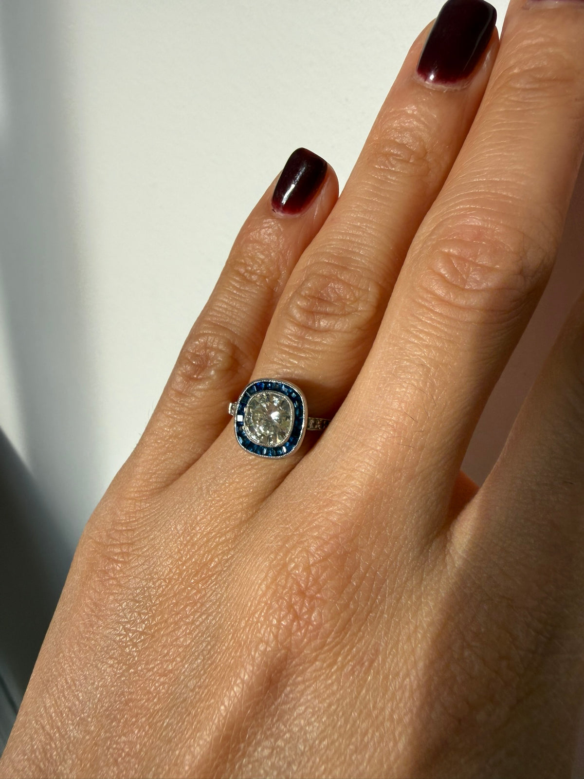 Antique 1.32ct Old Cushion Cut Diamond Sapphire Platinum Engagement Ring