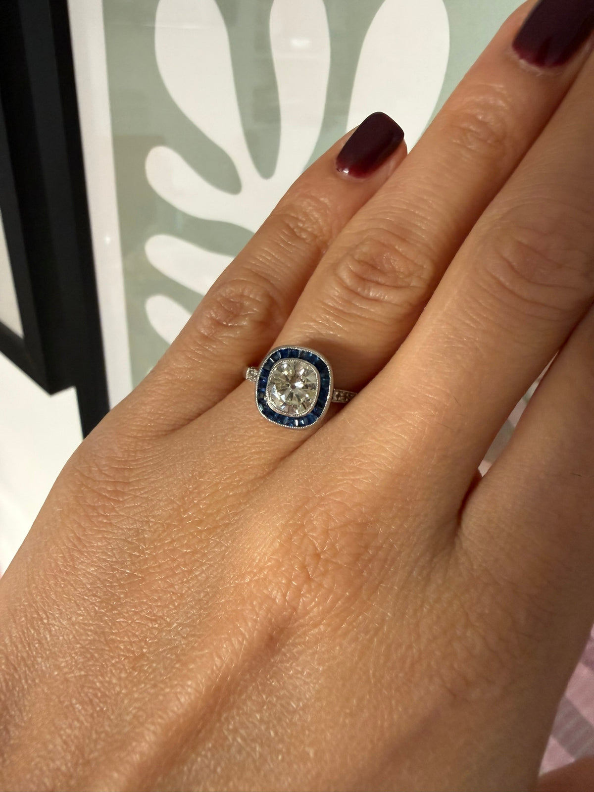Antique 1.32ct Old Cushion Cut Diamond Sapphire Platinum Engagement Ring