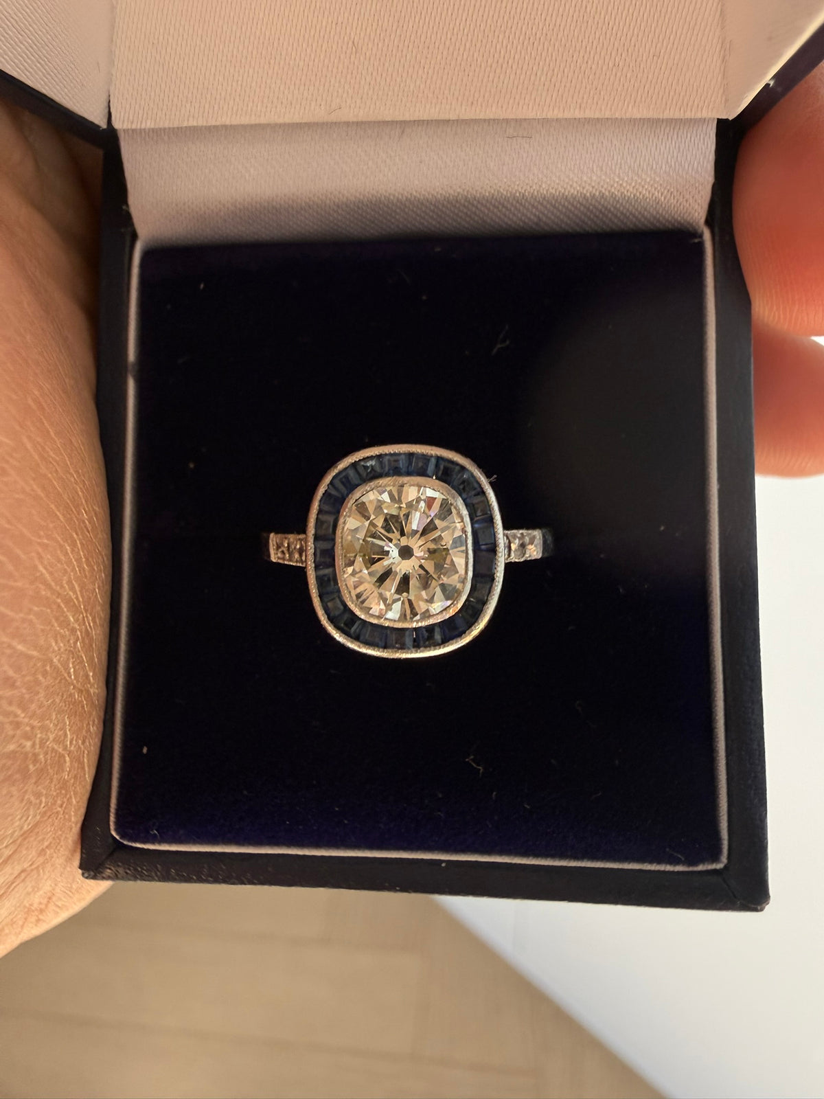 Antique 1.32ct Old Cushion Cut Diamond Sapphire Platinum Engagement Ring