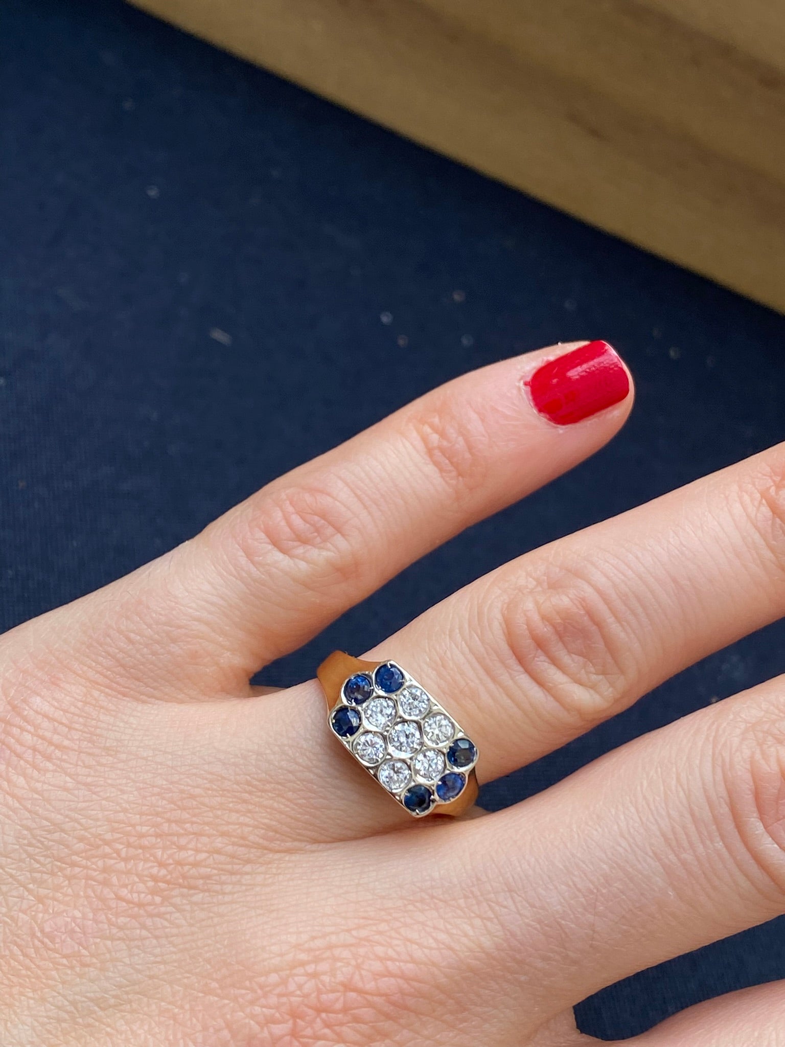 Vintage Pavé Signet Ring | Diamond & Sapphire in 18ct Gold (1970s)