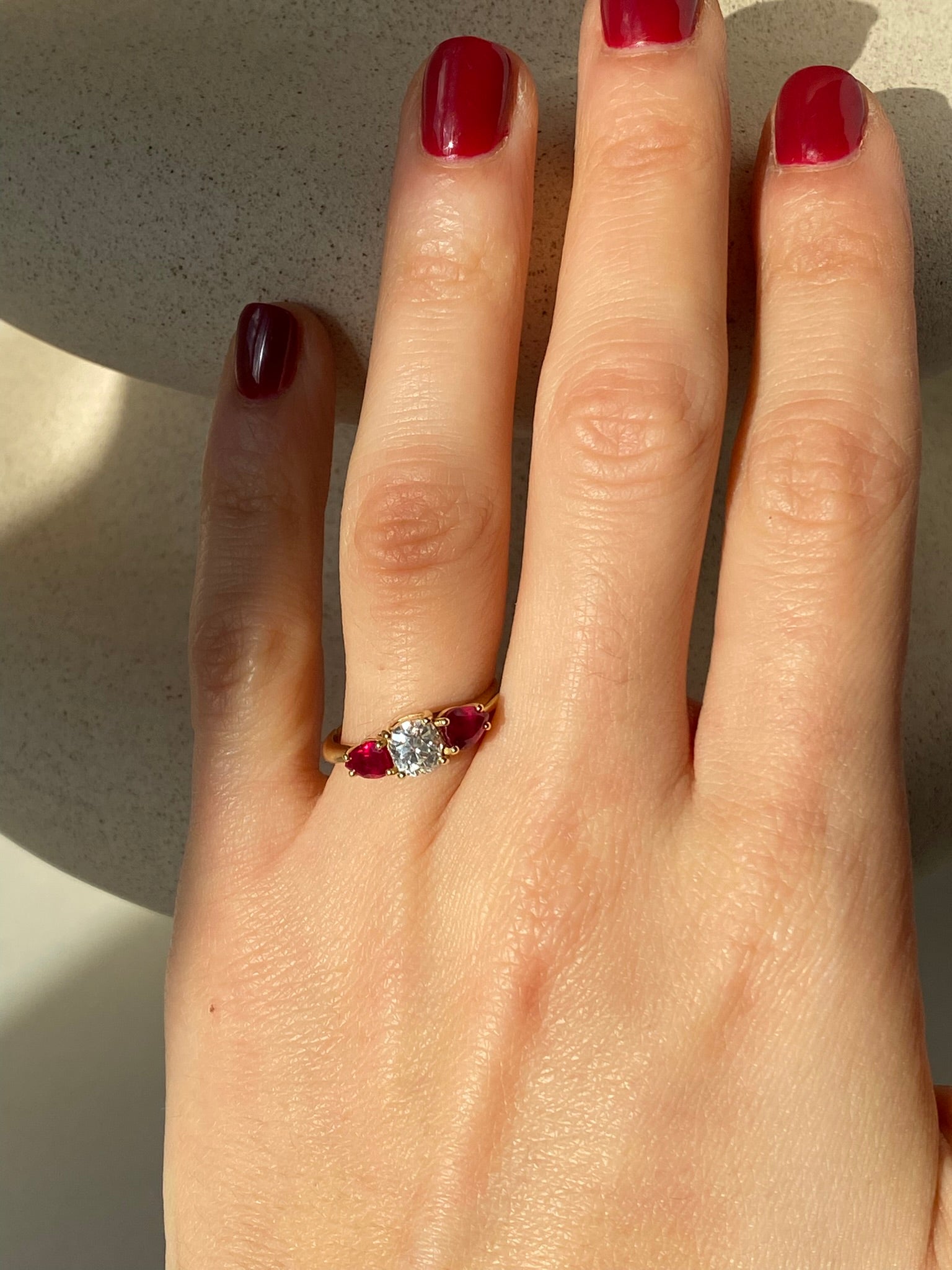 0.65ct Old Mine Cut Diamond & Ruby Three Stone Ring | 18ct Yellow Gold