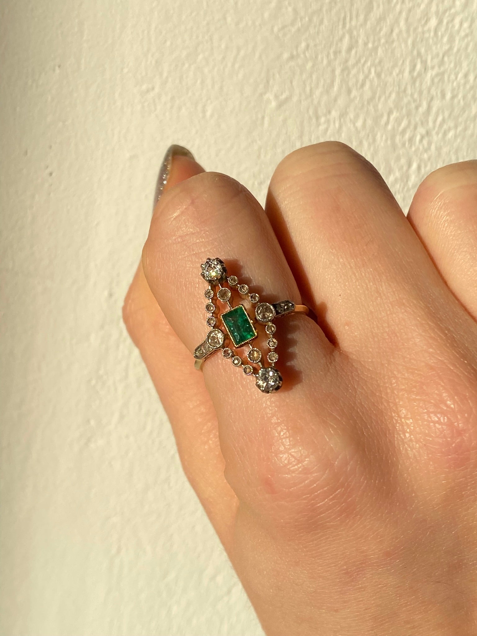 0.30ct Emerald & Diamond Navette Ring | Old Mine Cut Diamonds | 18K Gold
