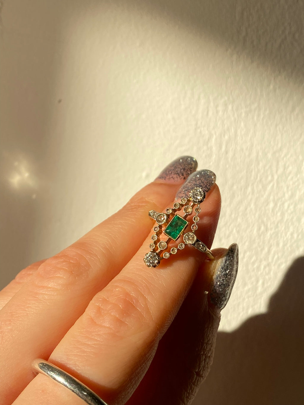 0.30ct Emerald & Diamond Navette Ring | Old Mine Cut Diamonds | 18K Gold & Platinum