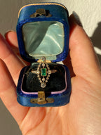 0.30ct Emerald & Diamond Navette Ring | Old Mine Cut Diamonds | 18K Gold & Platinum