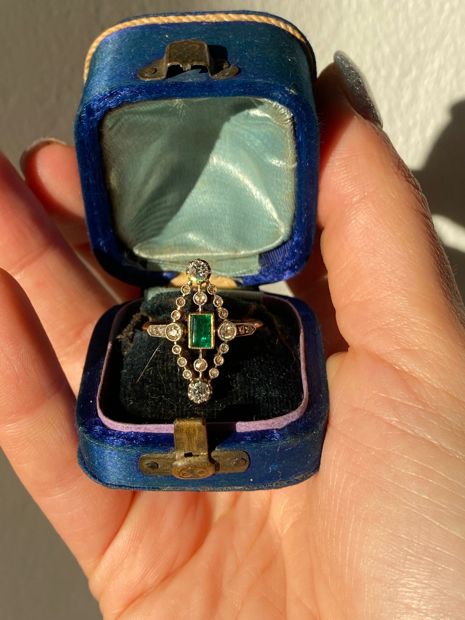 0.30ct Emerald & Diamond Navette Ring | Old Mine Cut Diamonds | 18K Gold