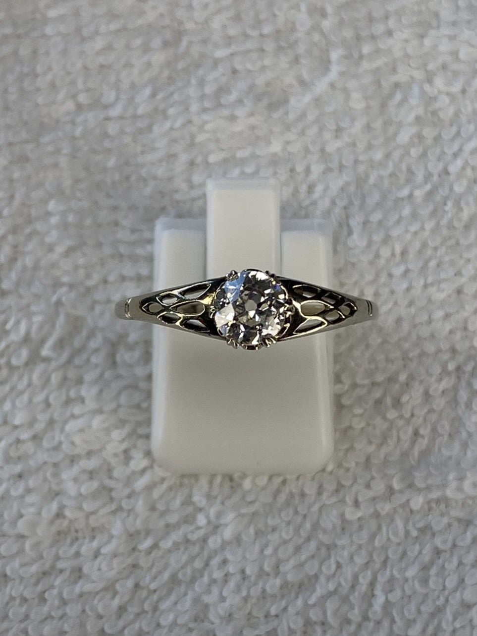 0.70ct Old Mine Cut Diamond Engagement Ring 18k White Gold Filigree Vintage Style