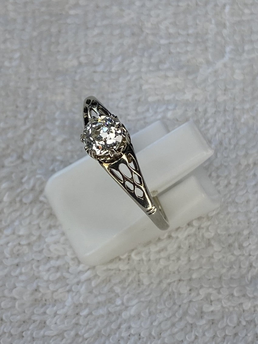 0.70ct Old Mine Cut Diamond Engagement Ring 18k White Gold Filigree Vintage Style