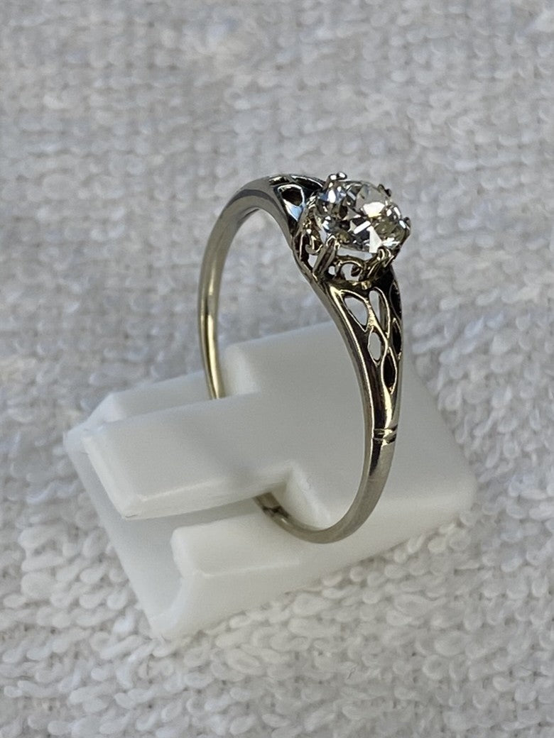 0.70ct Old Mine Cut Diamond Engagement Ring 18k White Gold Filigree Vintage Style