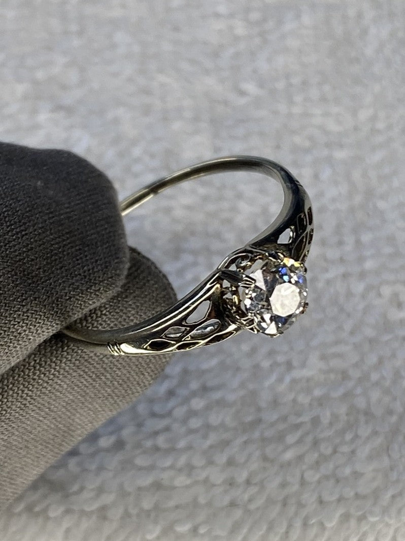 0.70ct Old Mine Cut Diamond Engagement Ring 18k White Gold Filigree Vintage Style