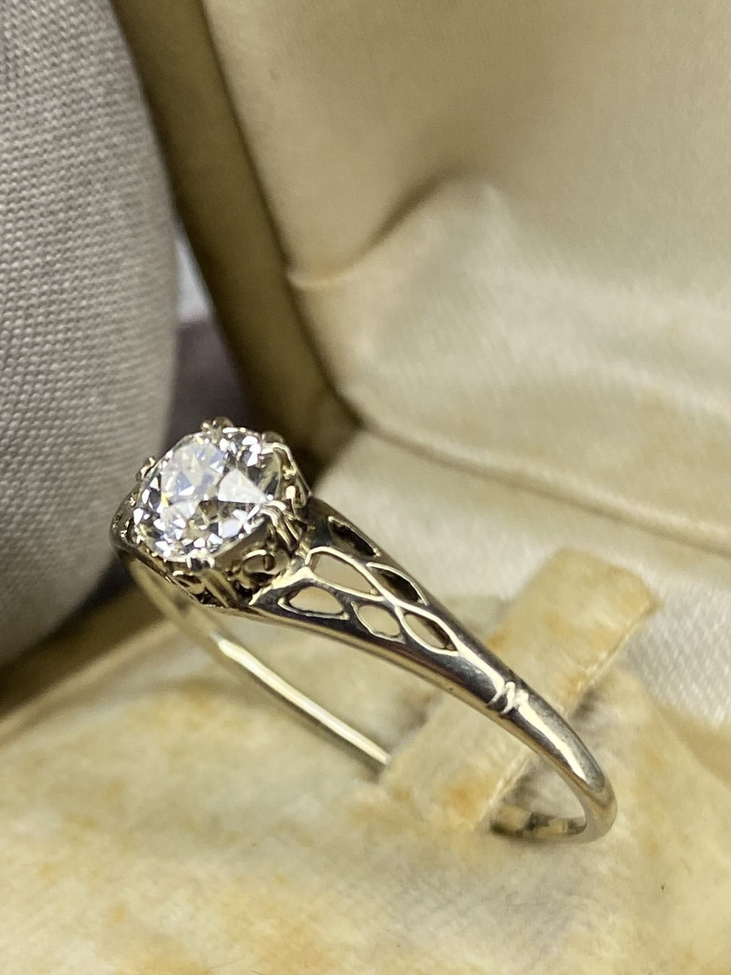 0.70ct Old Mine Cut Diamond Engagement Ring 18k White Gold Filigree Vintage Style