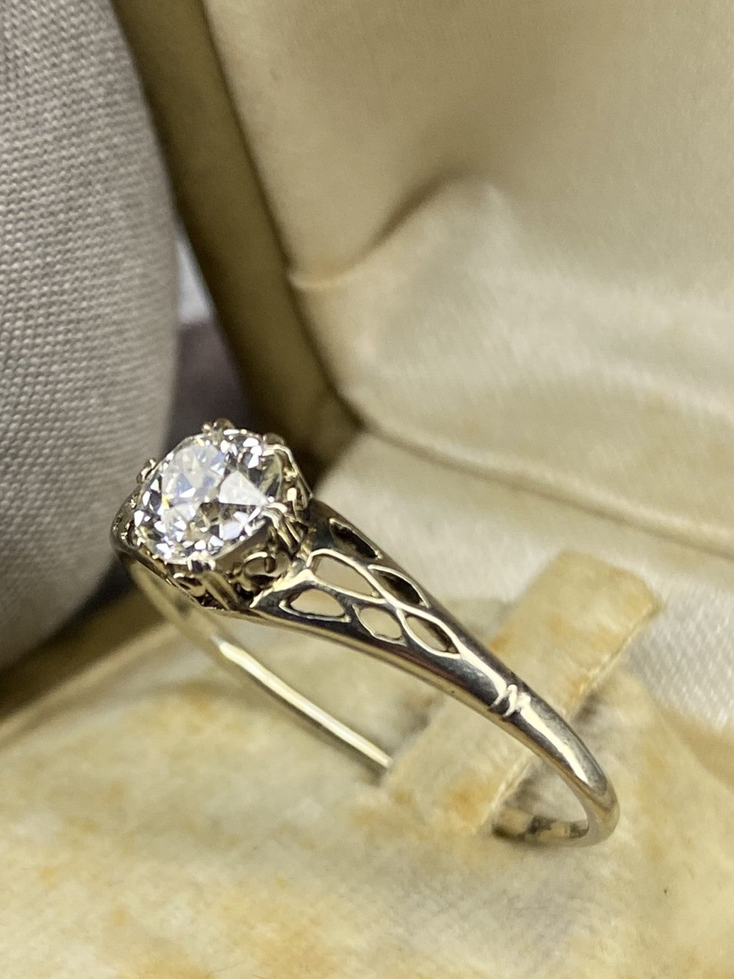 0.70ct Old Mine Cut Diamond Engagement Ring 18k White Gold Filigree Vintage Style