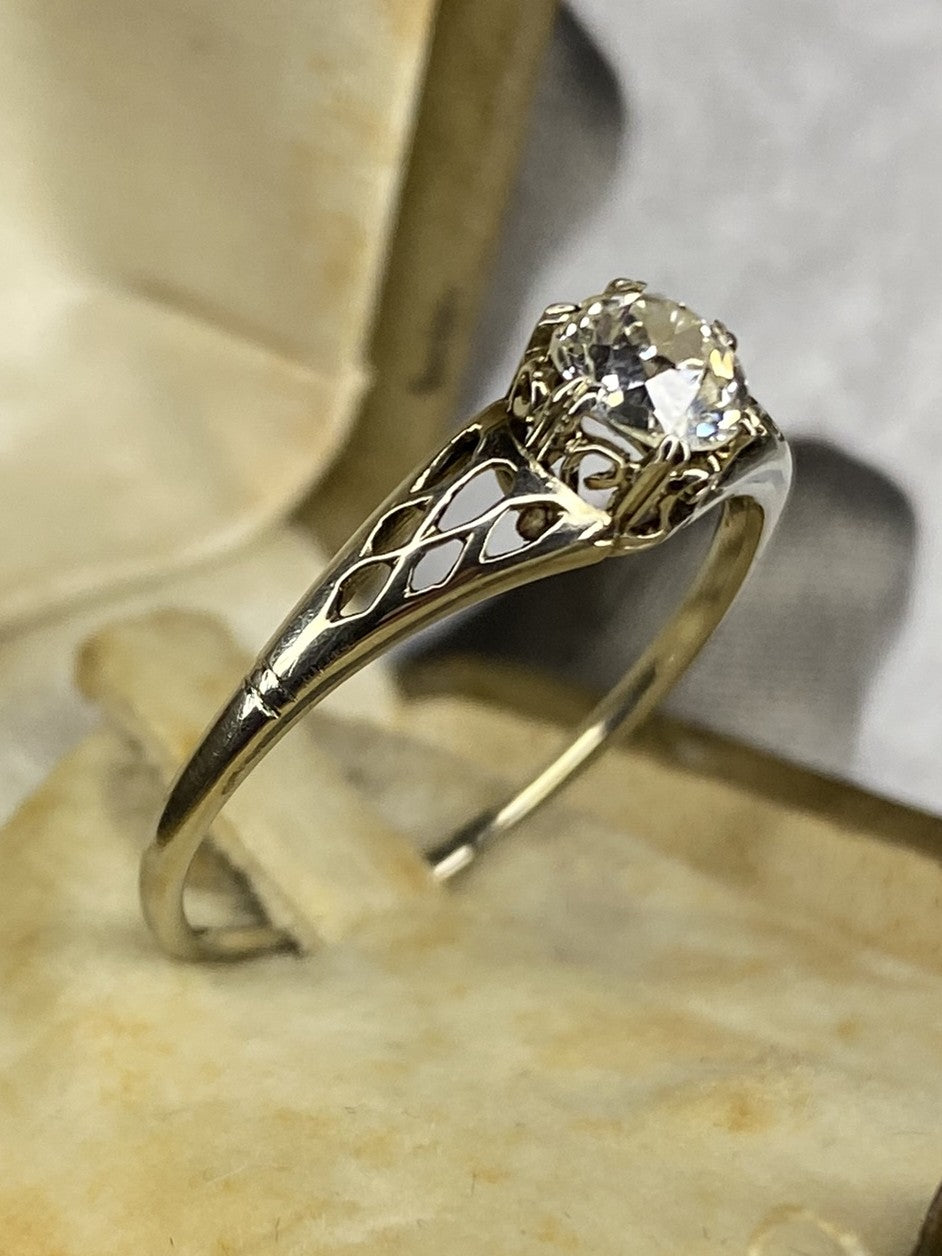 0.70ct Old Mine Cut Diamond Engagement Ring 18k White Gold Filigree Vintage Style