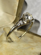 0.70ct Old Mine Cut Diamond Engagement Ring 18k White Gold Filigree Vintage Style