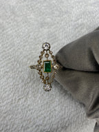 0.30ct Emerald & Diamond Navette Ring | Old Mine Cut Diamonds | 18K Gold & Platinum