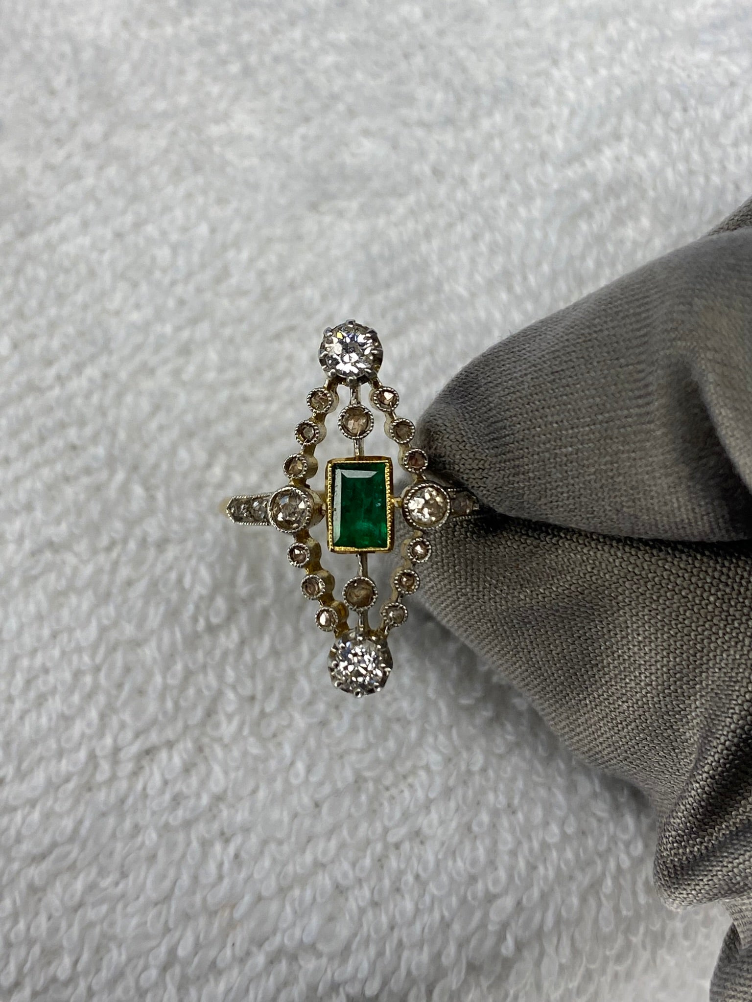 0.30ct Emerald & Diamond Navette Ring | Old Mine Cut Diamonds | 18K Gold