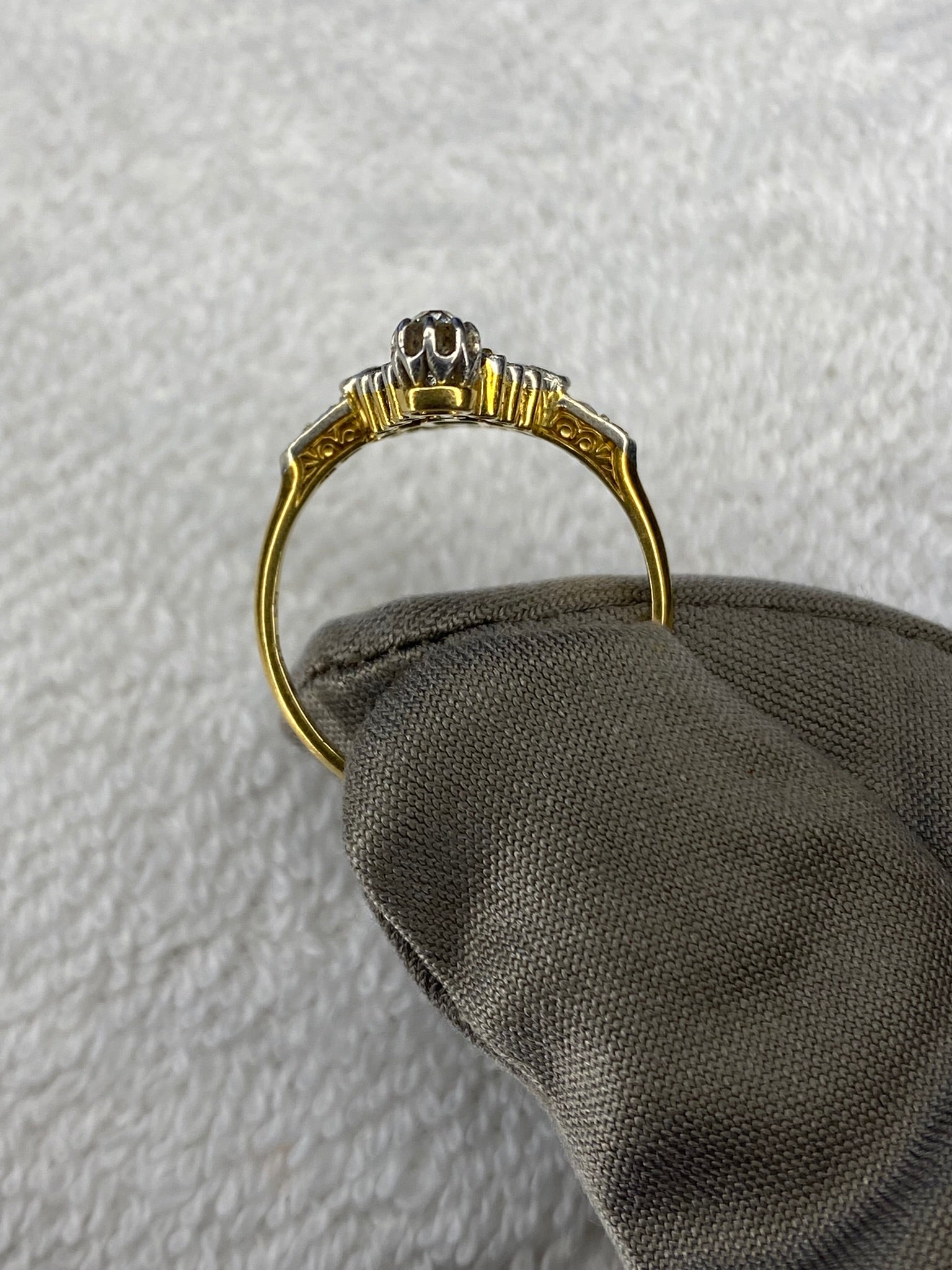 0.30ct Emerald & Diamond Navette Ring | Old Mine Cut Diamonds | 18K Gold & Platinum