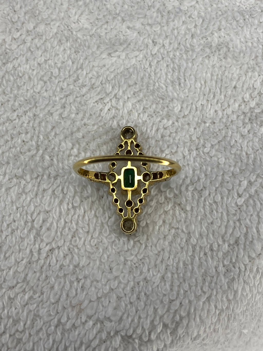 0.30ct Emerald & Diamond Navette Ring | Old Mine Cut Diamonds | 18K Gold & Platinum