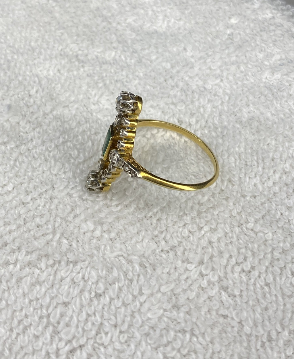 0.30ct Emerald & Diamond Navette Ring | Old Mine Cut Diamonds | 18K Gold & Platinum