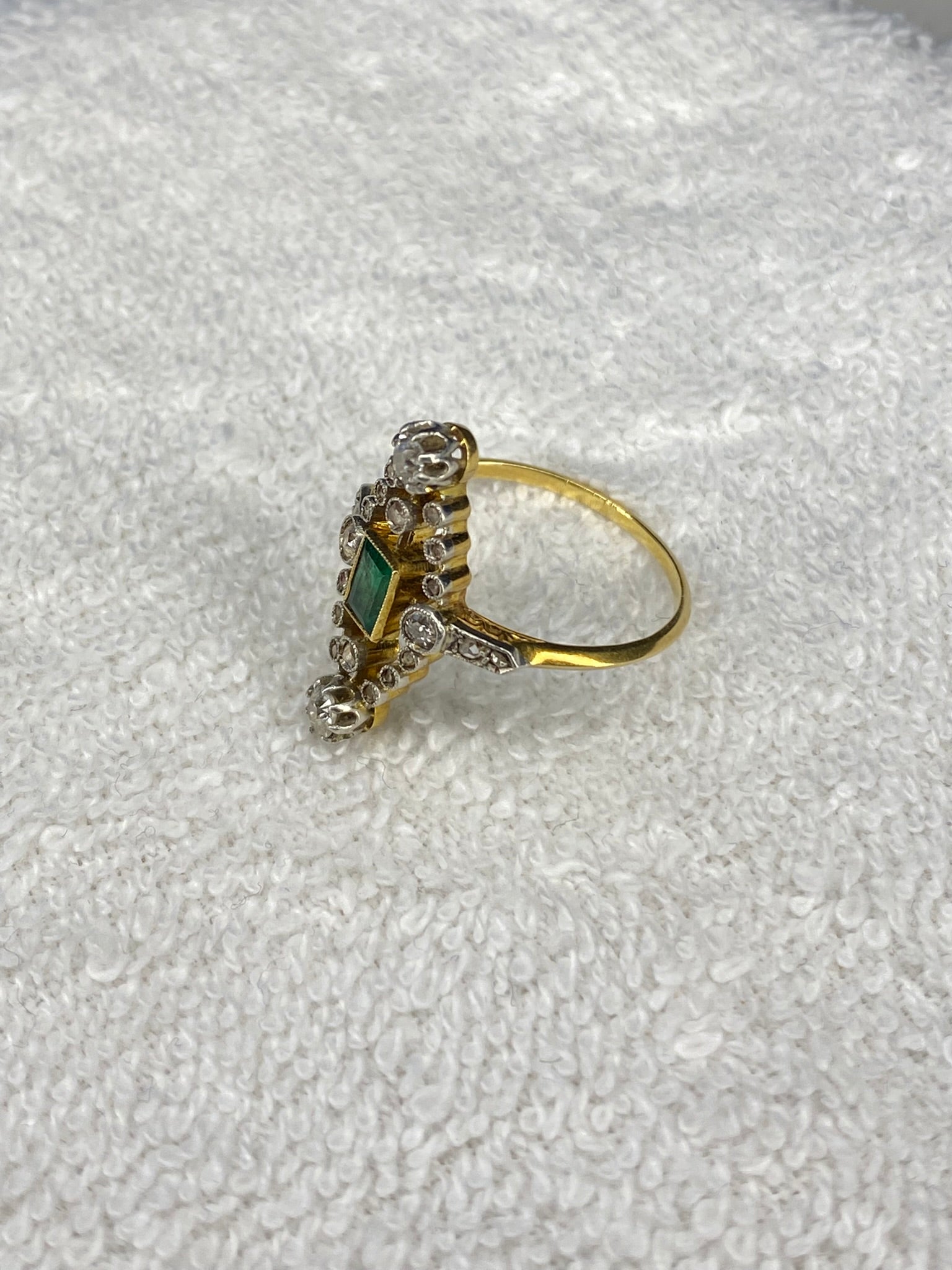 0.30ct Emerald & Diamond Navette Ring | Old Mine Cut Diamonds | 18K Gold & Platinum