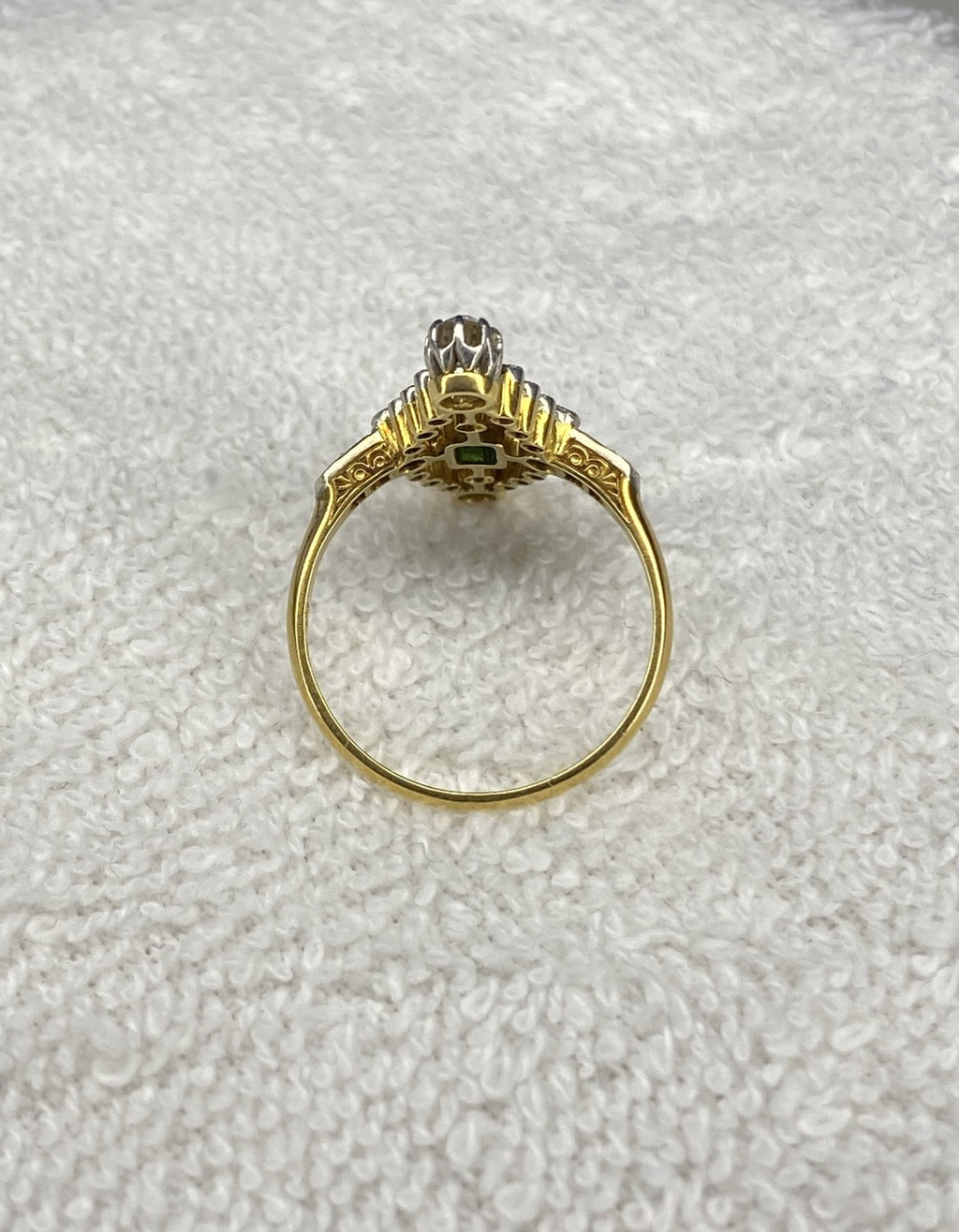 0.30ct Emerald & Diamond Navette Ring | Old Mine Cut Diamonds | 18K Gold & Platinum