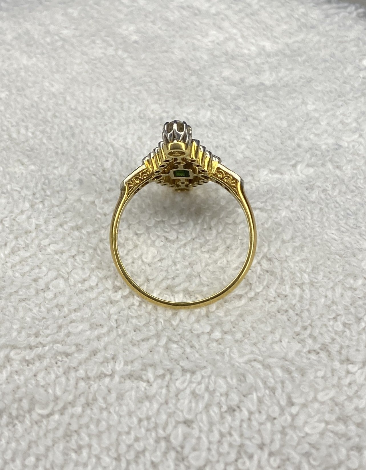 0.30ct Emerald & Diamond Navette Ring | Old Mine Cut Diamonds | 18K Gold & Platinum