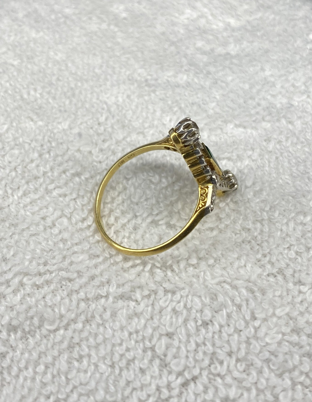 0.30ct Emerald & Diamond Navette Ring | Old Mine Cut Diamonds | 18K Gold & Platinum