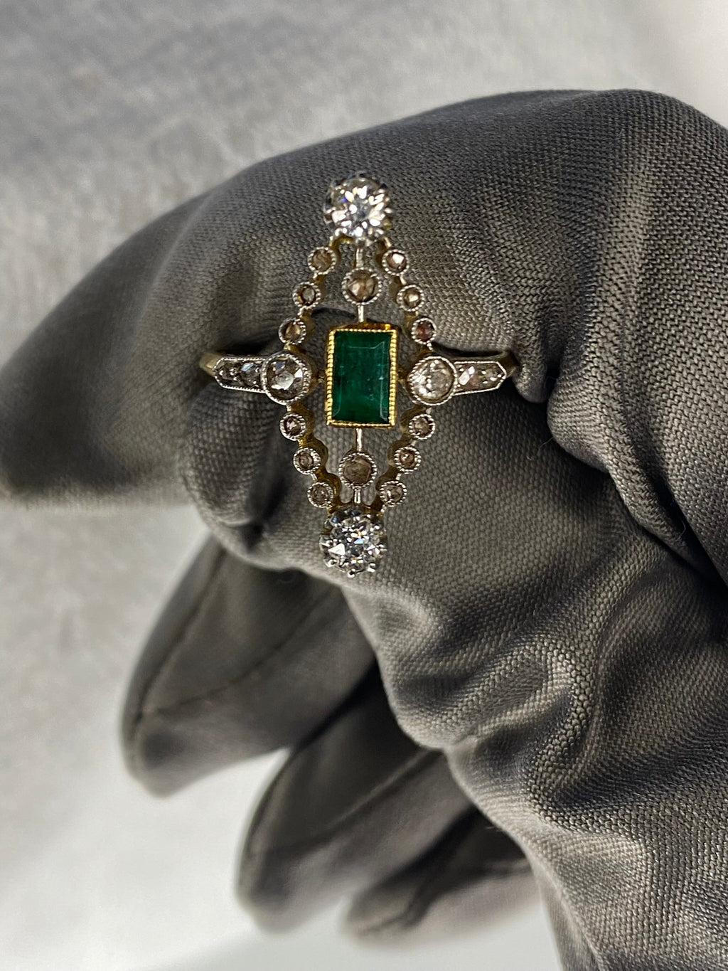 0.30ct Emerald & Diamond Navette Ring | Old Mine Cut Diamonds | 18K Gold & Platinum