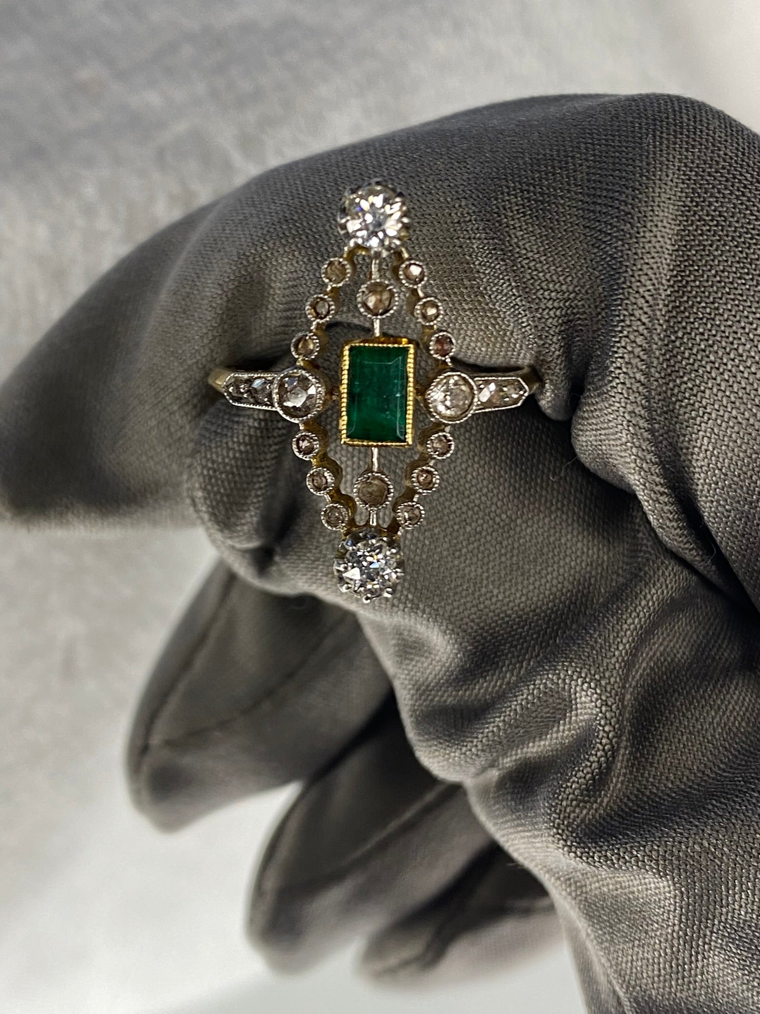 0.30ct Emerald & Diamond Navette Ring | Old Mine Cut Diamonds | 18K Gold