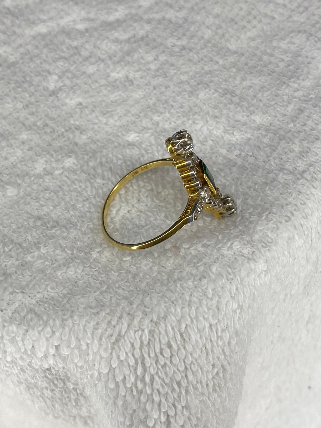 0.30ct Emerald & Diamond Navette Ring | Old Mine Cut Diamonds | 18K Gold & Platinum