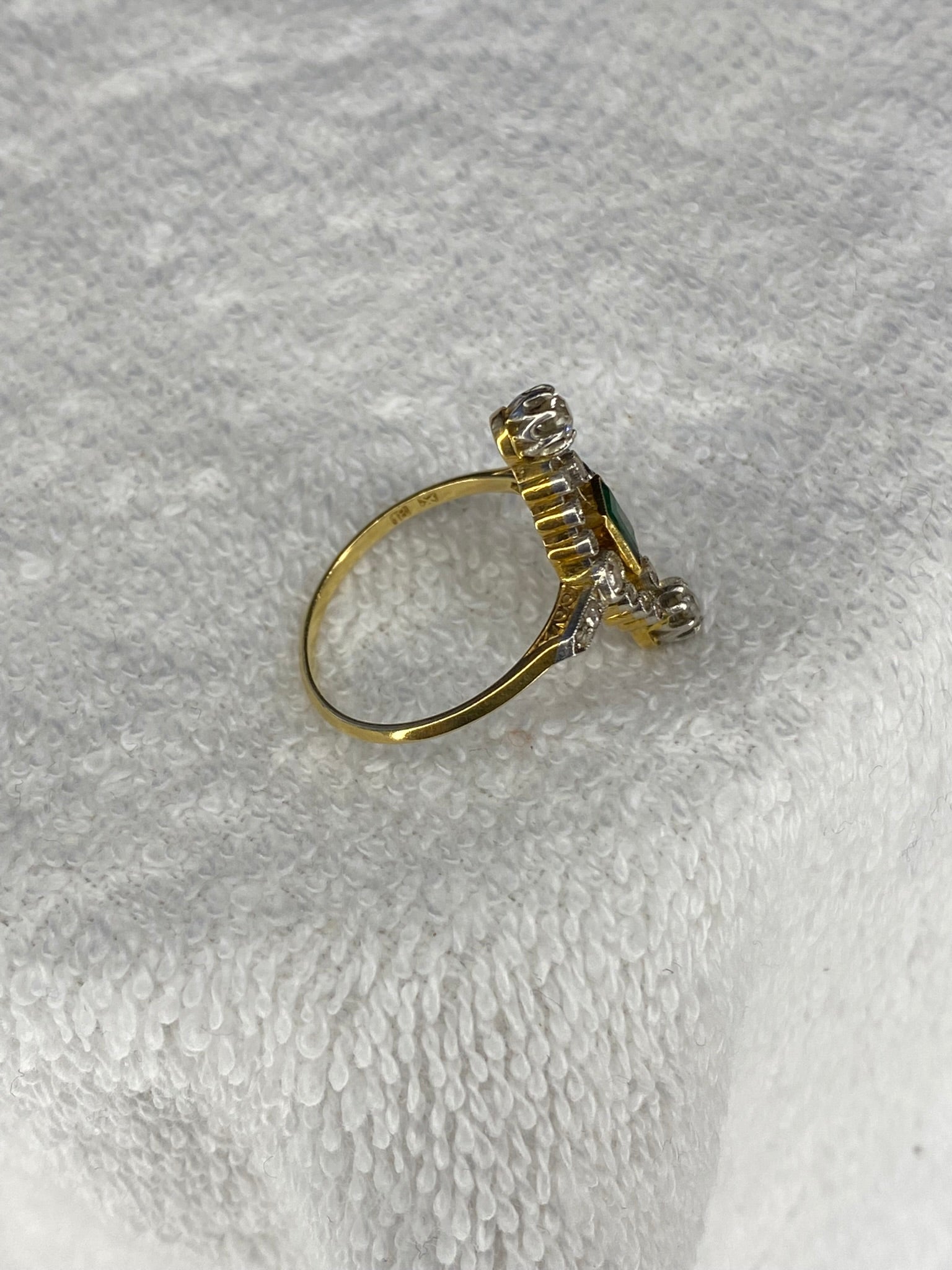 0.30ct Emerald & Diamond Navette Ring | Old Mine Cut Diamonds | 18K Gold & Platinum