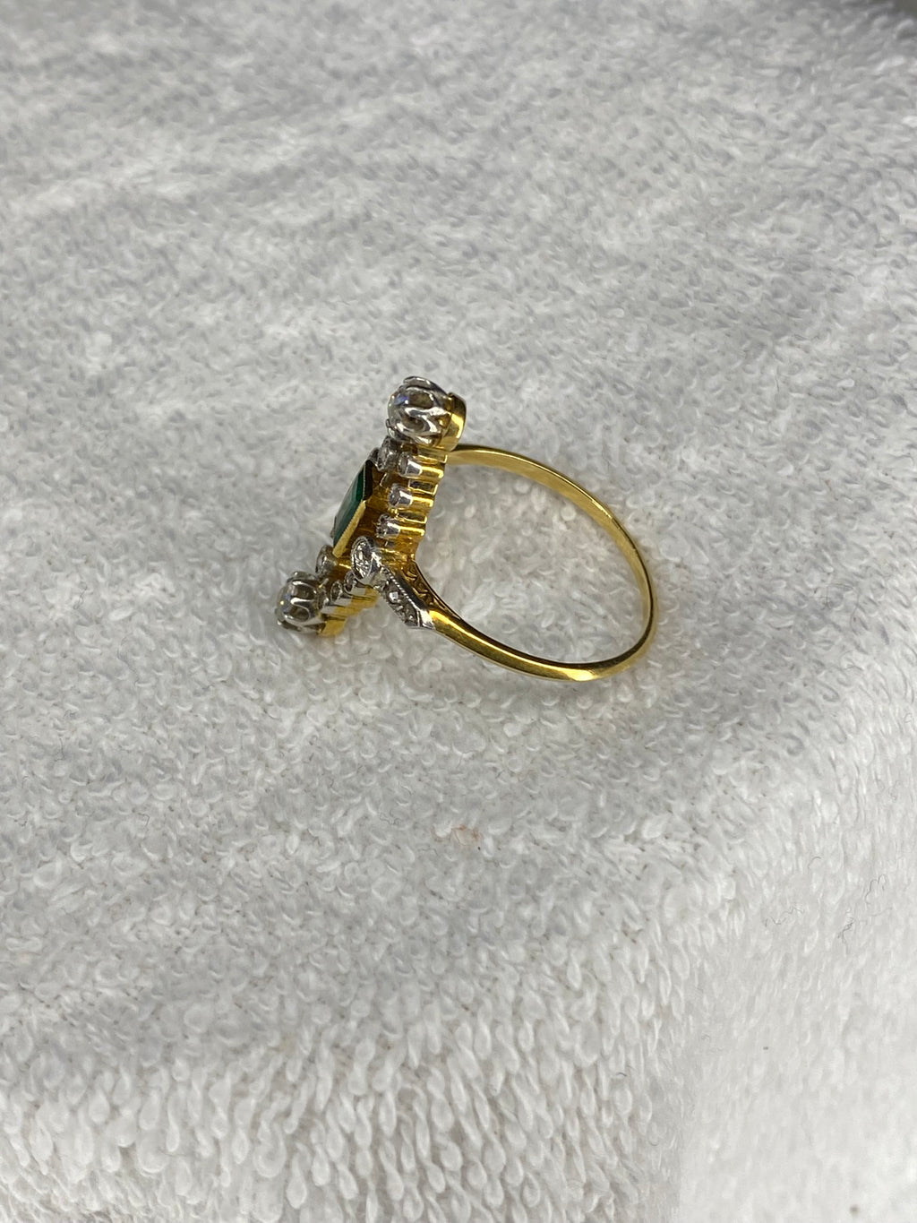 0.30ct Emerald & Diamond Navette Ring | Old Mine Cut Diamonds | 18K Gold & Platinum