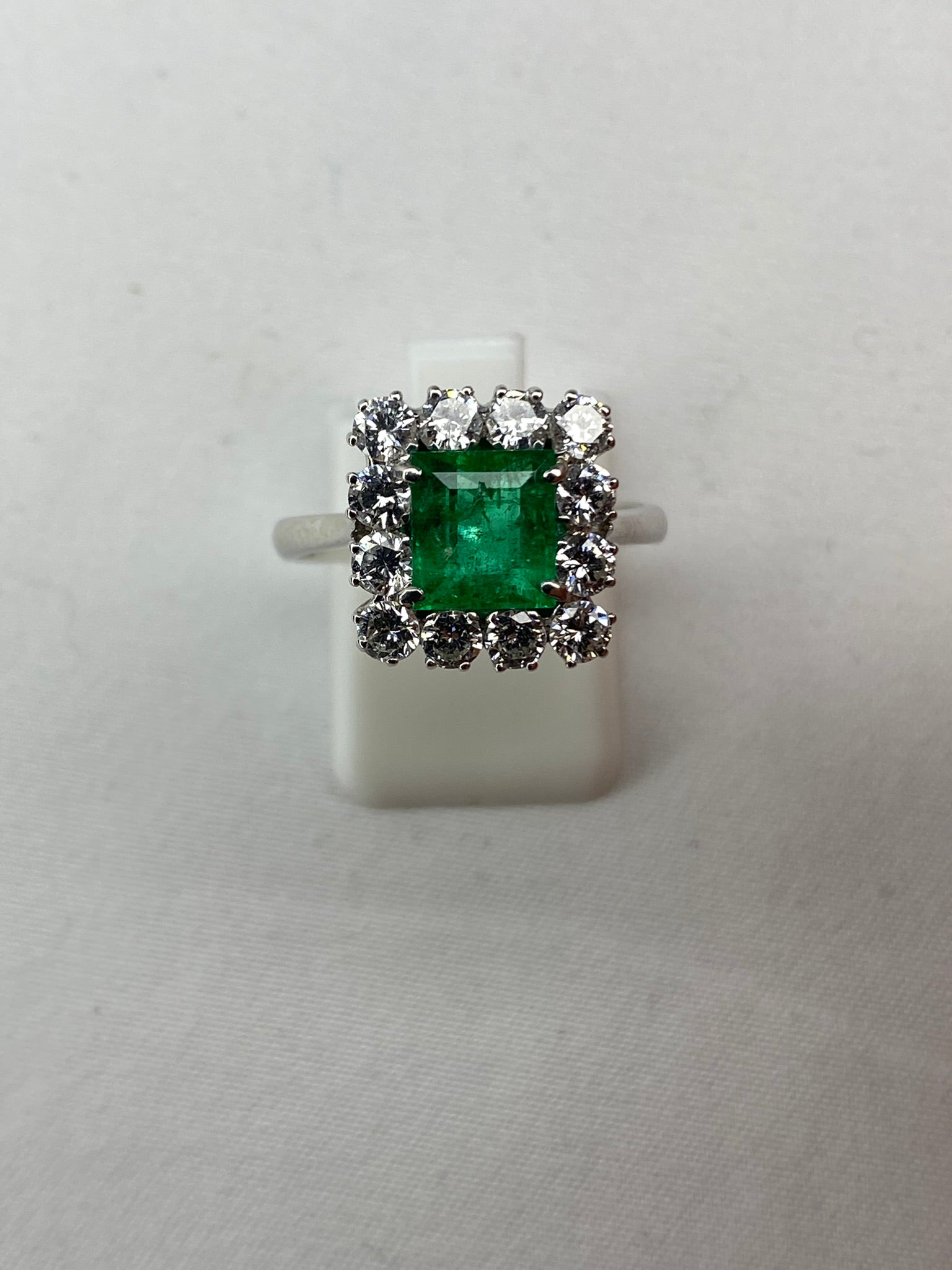 Emerald & Diamond Cluster Ring | 1.46ct Square-Cut Emerald in 18ct White Gold