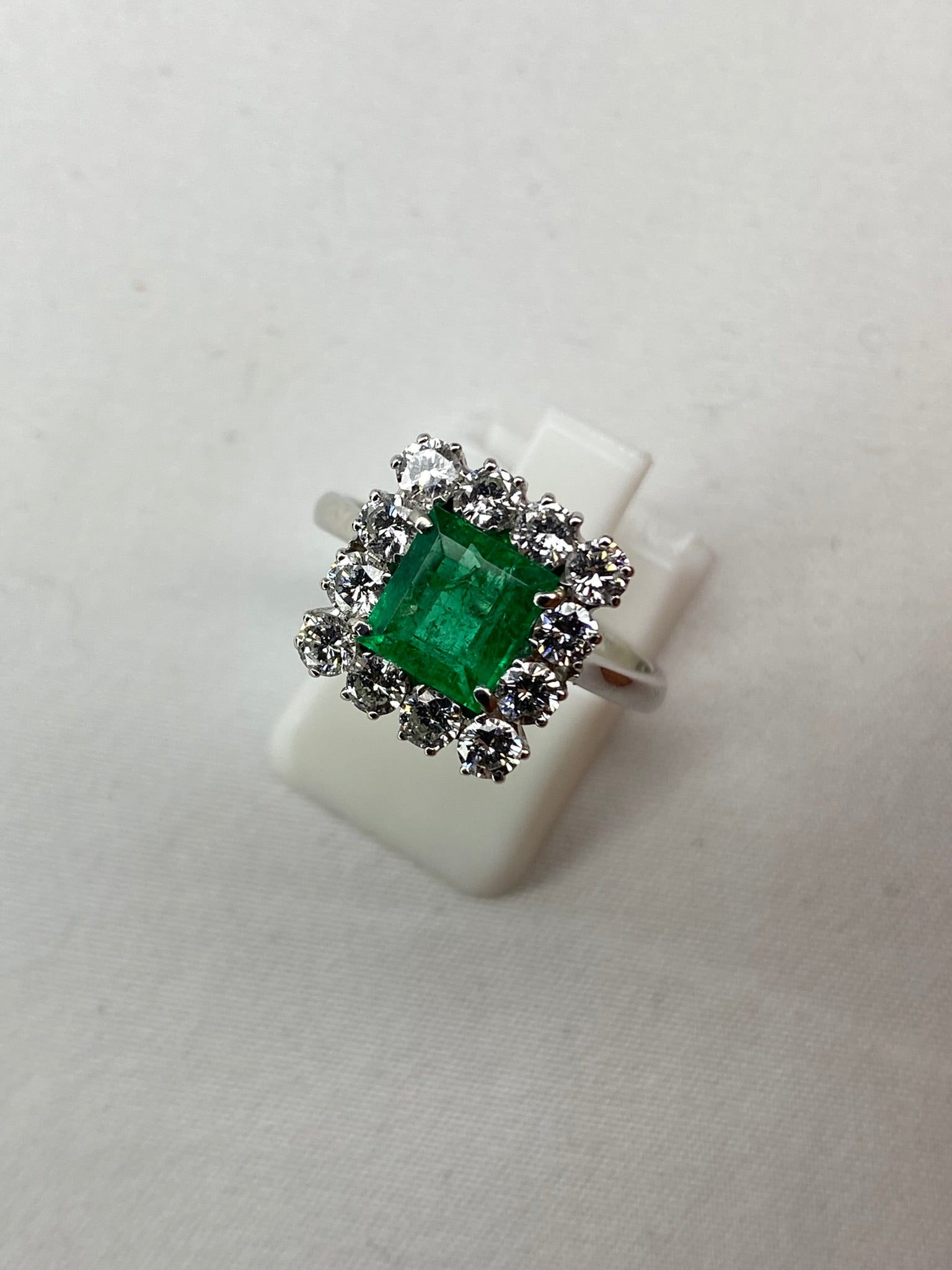Emerald & Diamond Cluster Ring | 1.46ct Square-Cut Emerald in 18ct White Gold
