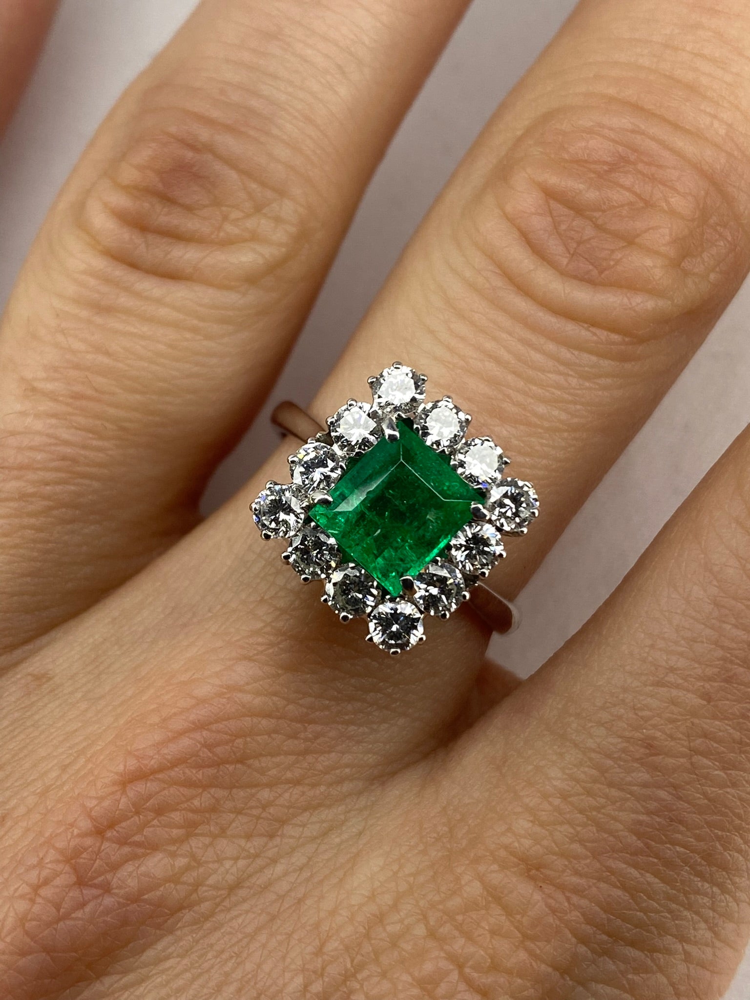 Emerald & Diamond Cluster Ring | 1.46ct Square-Cut Emerald in 18ct White Gold