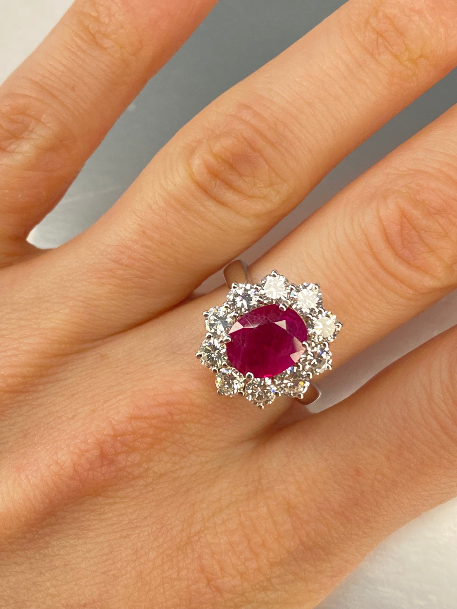 Ruby & Diamond Cluster Ring | 2.47ct Natural Ruby & 1.90ct Diamond in 18ct White Gold