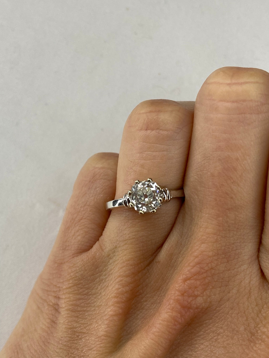 Old Cut Diamond Bamboo Solitaire Ring | 1.38ct Cushion Diamond in 18ct White Gold