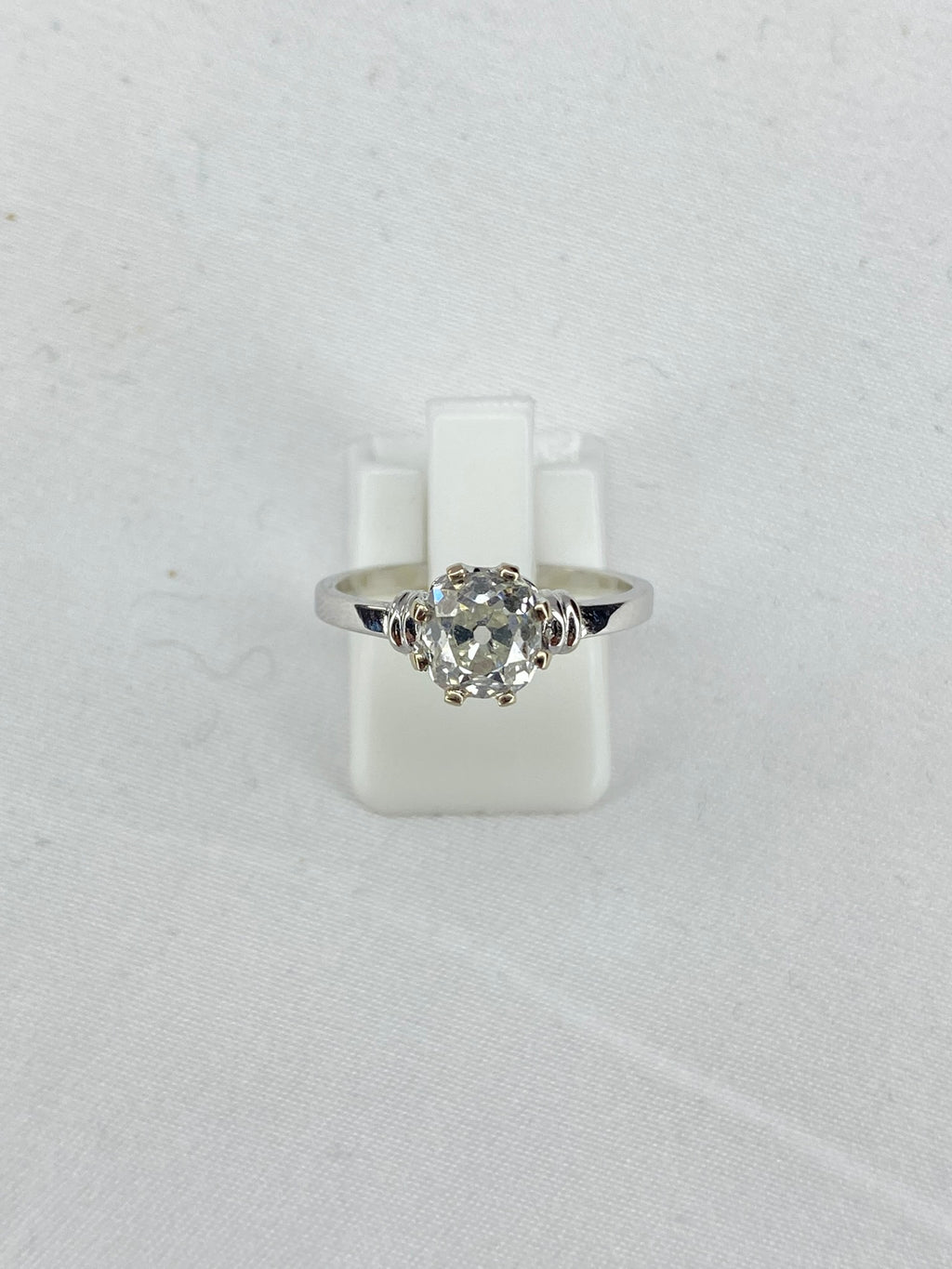 Old Cut Diamond Bamboo Solitaire Ring | 1.38ct Cushion Diamond in 18ct White Gold