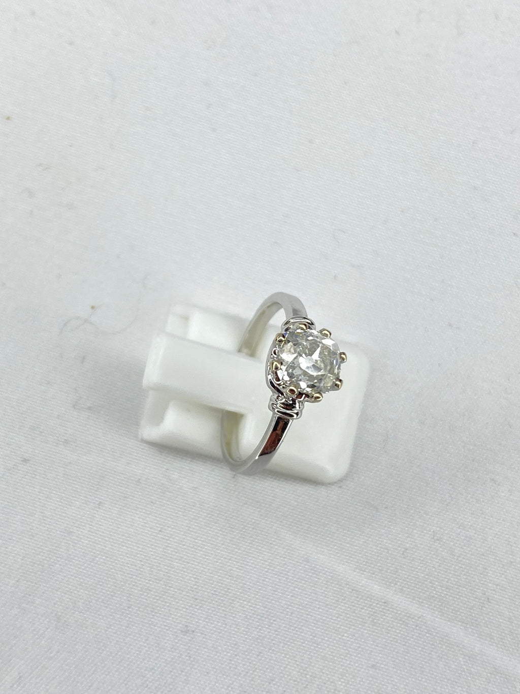 Old Cut Diamond Bamboo Solitaire Ring | 1.38ct Cushion Diamond in 18ct White Gold