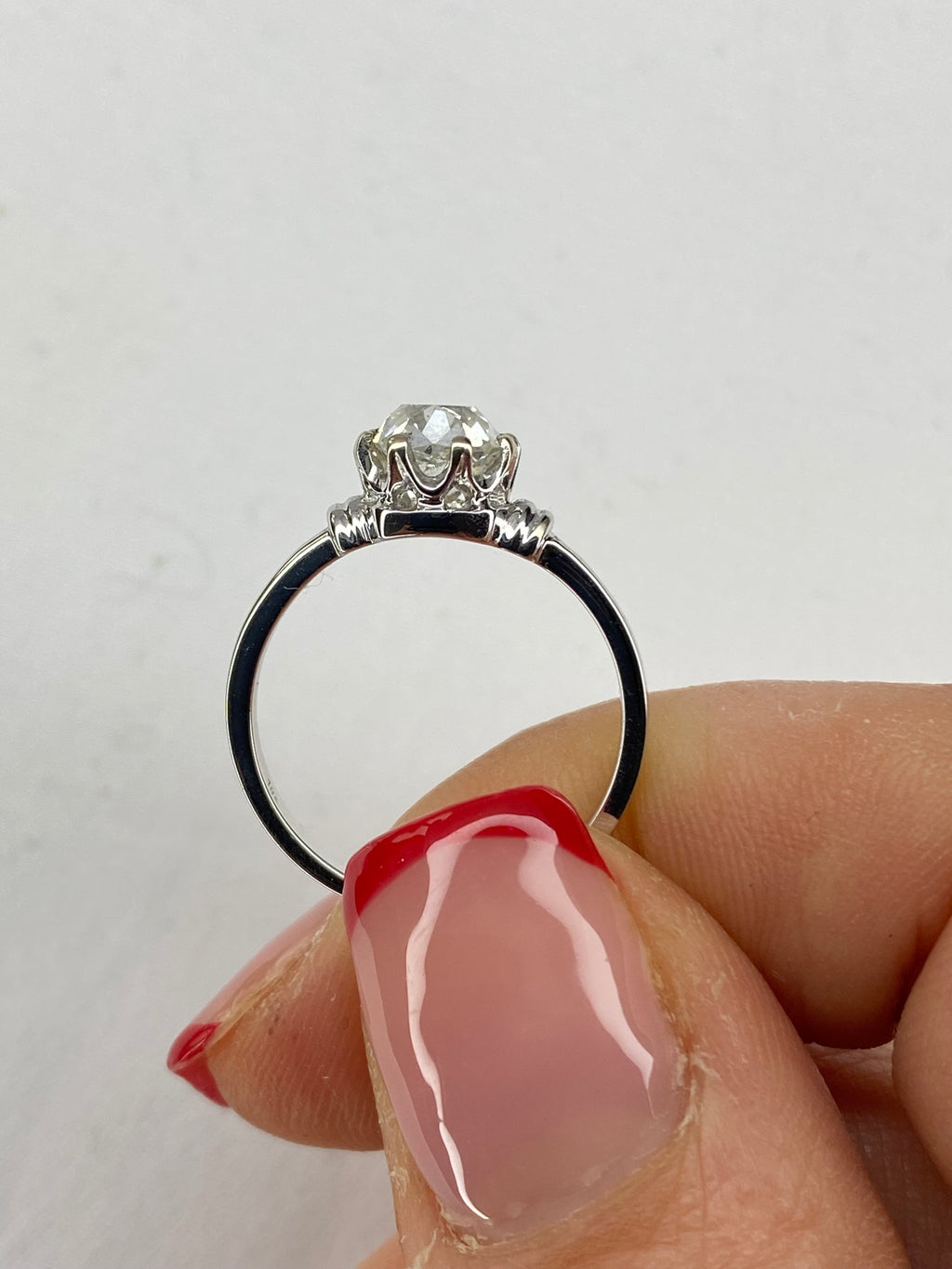 Old Cut Diamond Bamboo Solitaire Ring | 1.38ct Cushion Diamond in 18ct White Gold