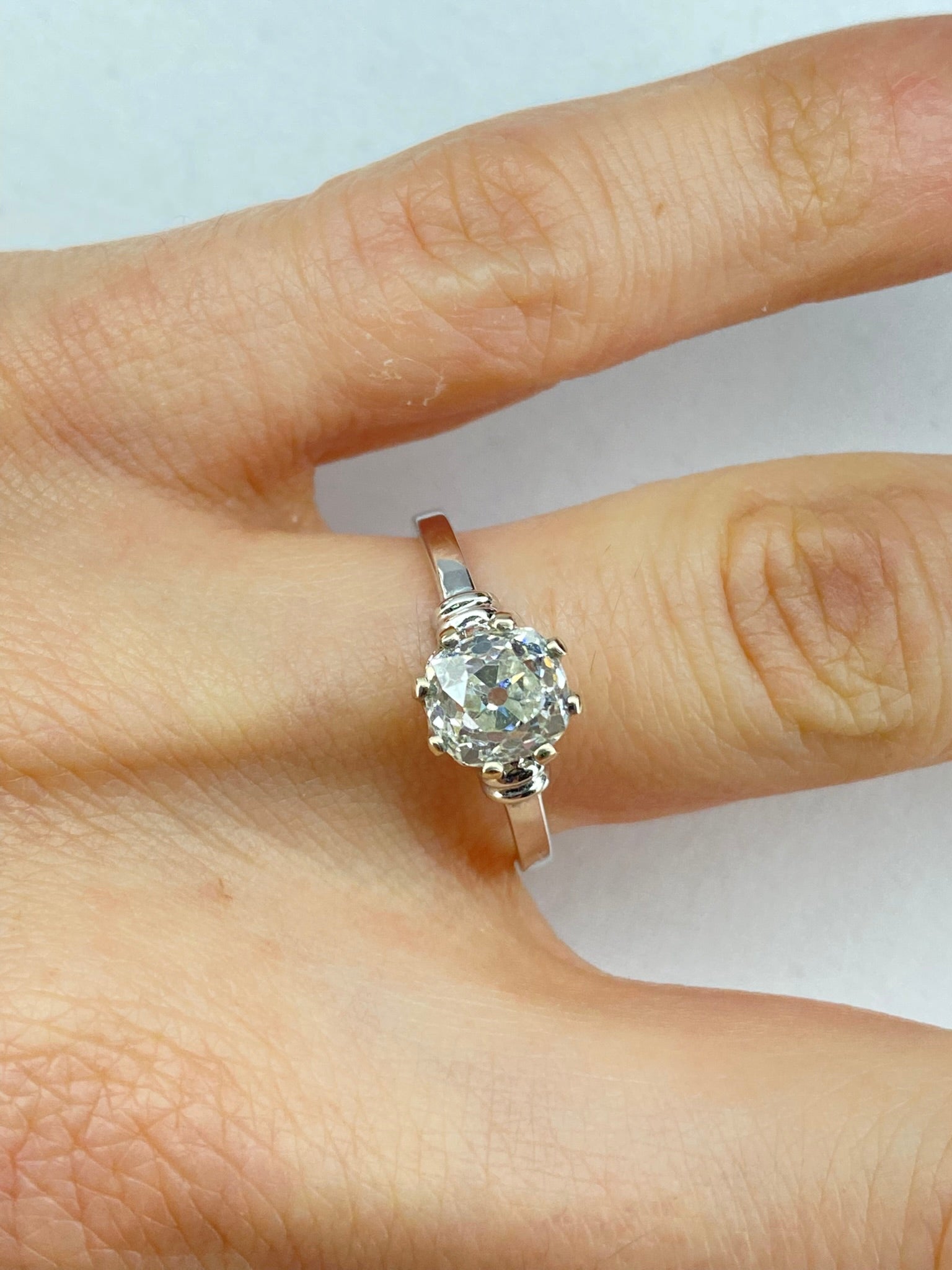 Old Cut Diamond Bamboo Solitaire Ring | 1.38ct Cushion Diamond in 18ct White Gold