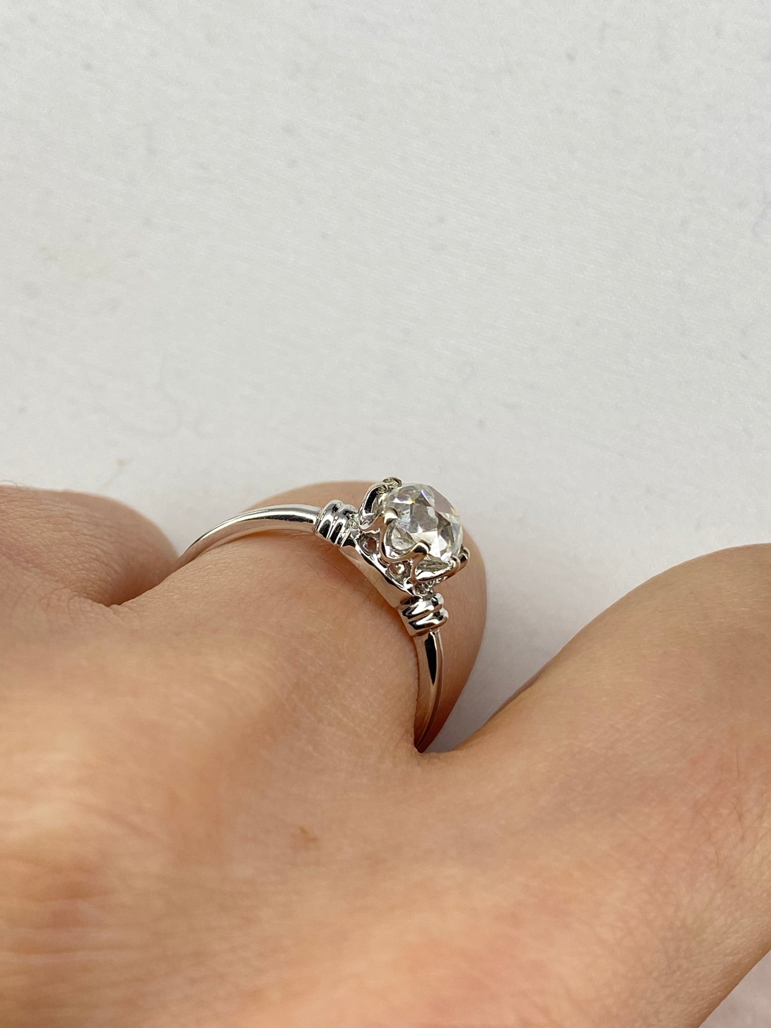 Old Cut Diamond Bamboo Solitaire Ring | 1.38ct Cushion Diamond in 18ct White Gold