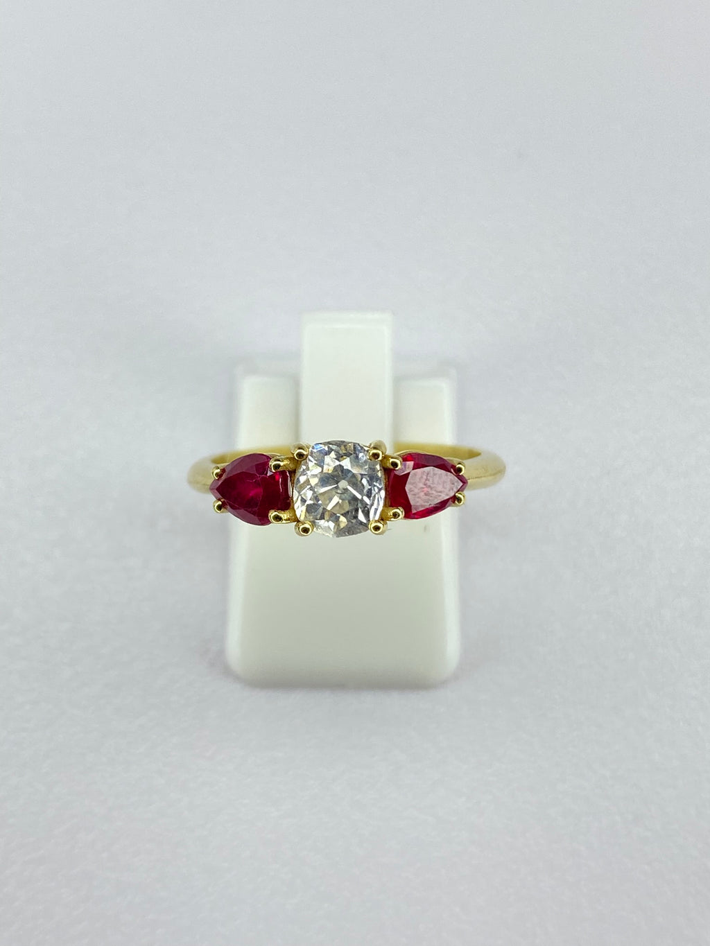 0.65ct Old Mine Cut Diamond & Ruby Three Stone Ring | 18ct Yellow Gold