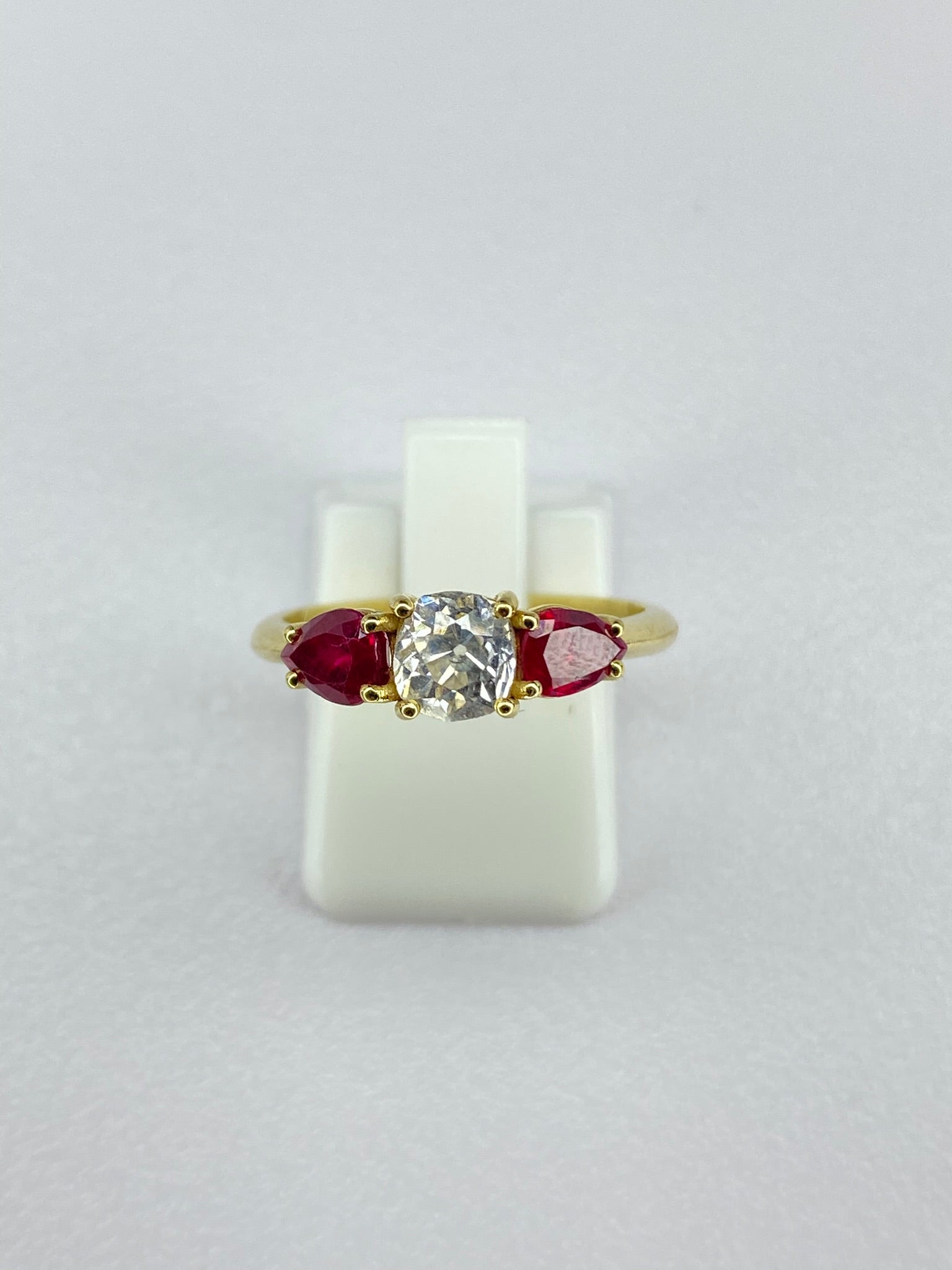 0.65ct Old Mine Cut Diamond & Ruby Three Stone Ring | 18ct Yellow Gold