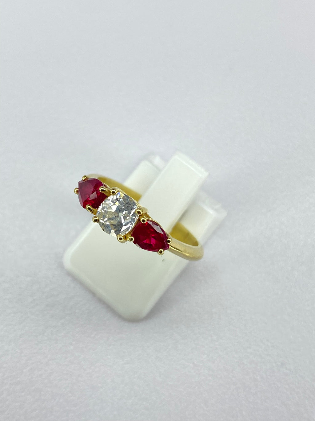 0.65ct Old Mine Cut Diamond & Ruby Three Stone Ring | 18ct Yellow Gold