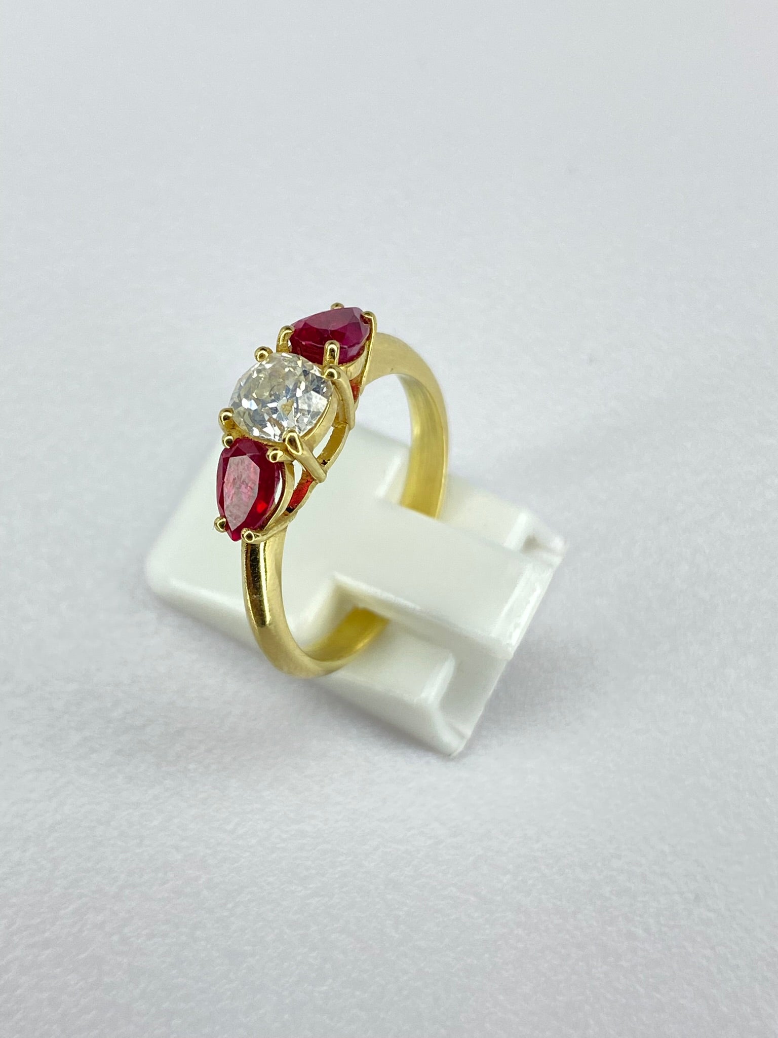 0.65ct Old Mine Cut Diamond & Ruby Three Stone Ring | 18ct Yellow Gold