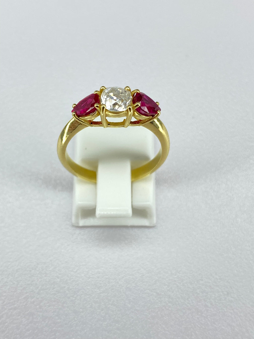 0.65ct Old Mine Cut Diamond & Ruby Three Stone Ring | 18ct Yellow Gold