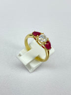 0.65ct Old Mine Cut Diamond & Ruby Three Stone Ring | 18ct Yellow Gold