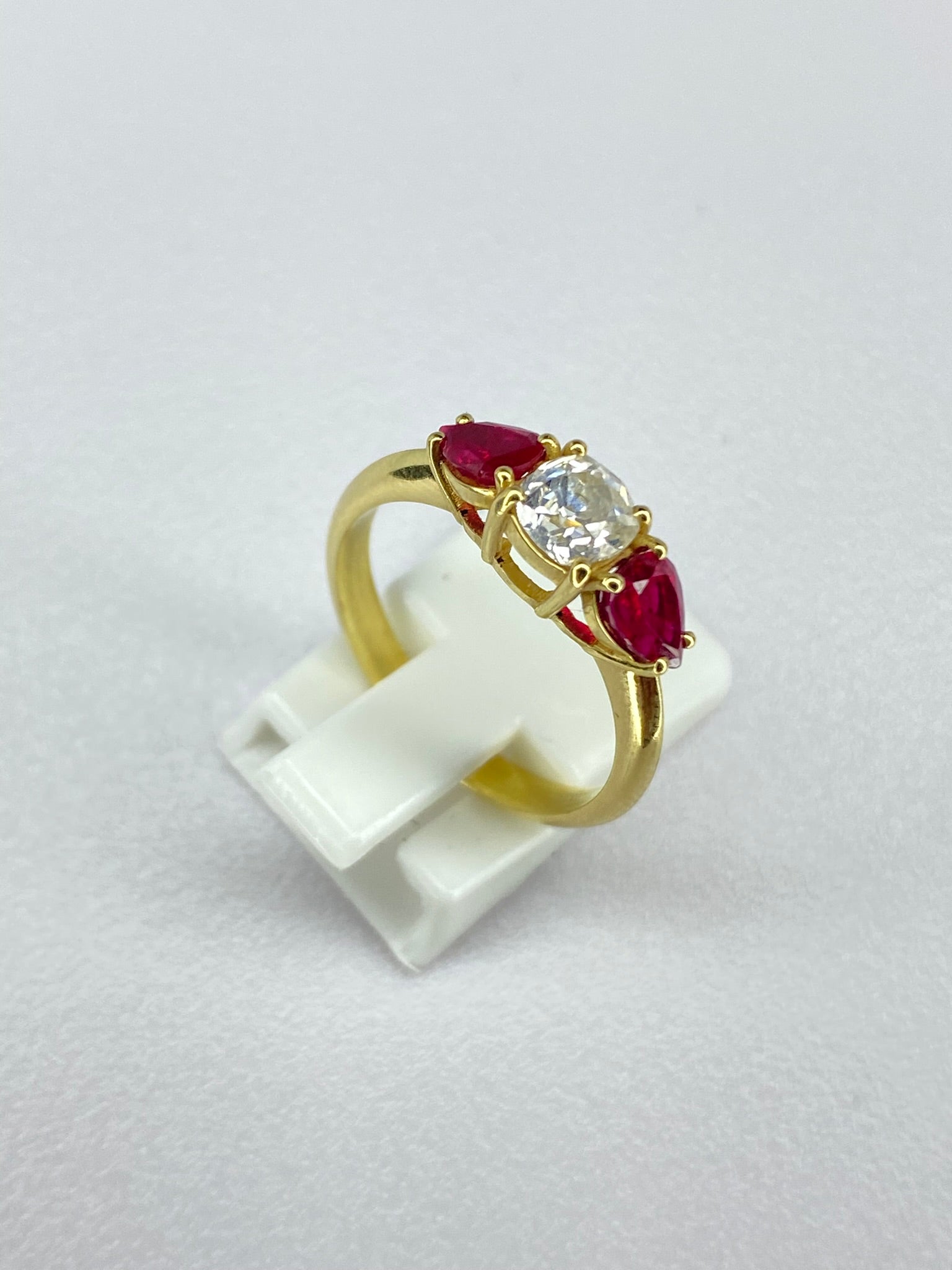 0.65ct Old Mine Cut Diamond & Ruby Three Stone Ring | 18ct Yellow Gold