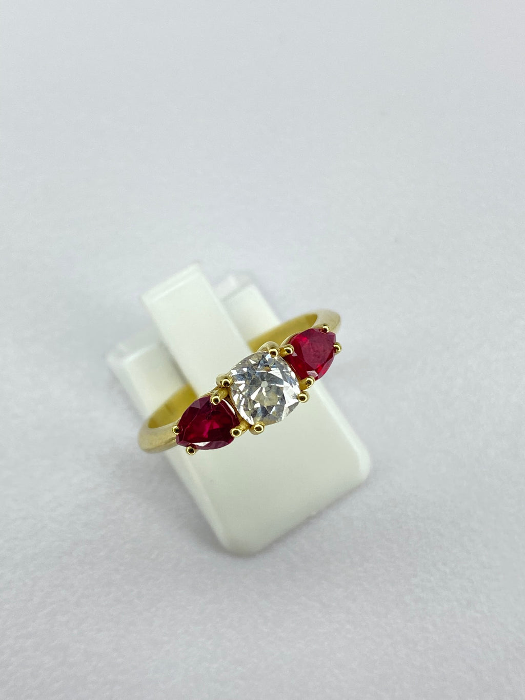 0.65ct Old Mine Cut Diamond & Ruby Three Stone Ring | 18ct Yellow Gold